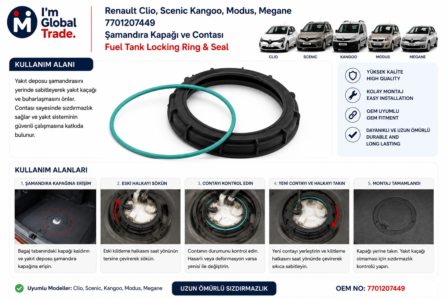 Renault Clio  Scenic  Kangoo  Modus  Megane Şamandıra Kapağı ve Contası 7701207449 - Thumbnail 2