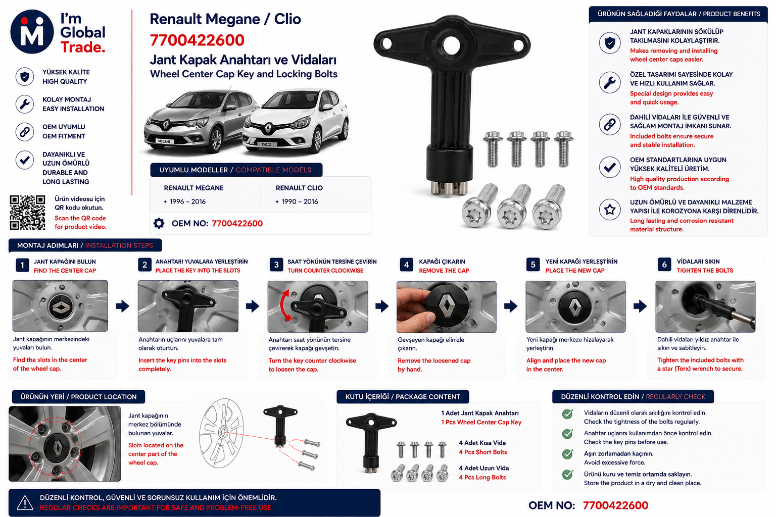 Renault Megane Jant Kapak Anahtarı ve Vidaları 7700422600 - Thumbnail 2