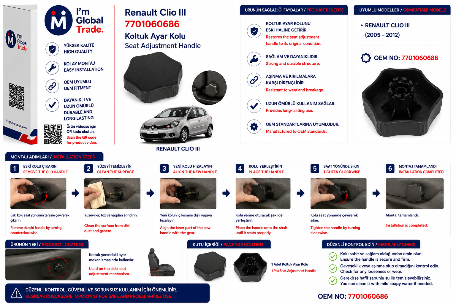 Renault Clio III Koltuk Ayar Kolu 7701060686 - Thumbnail 2
