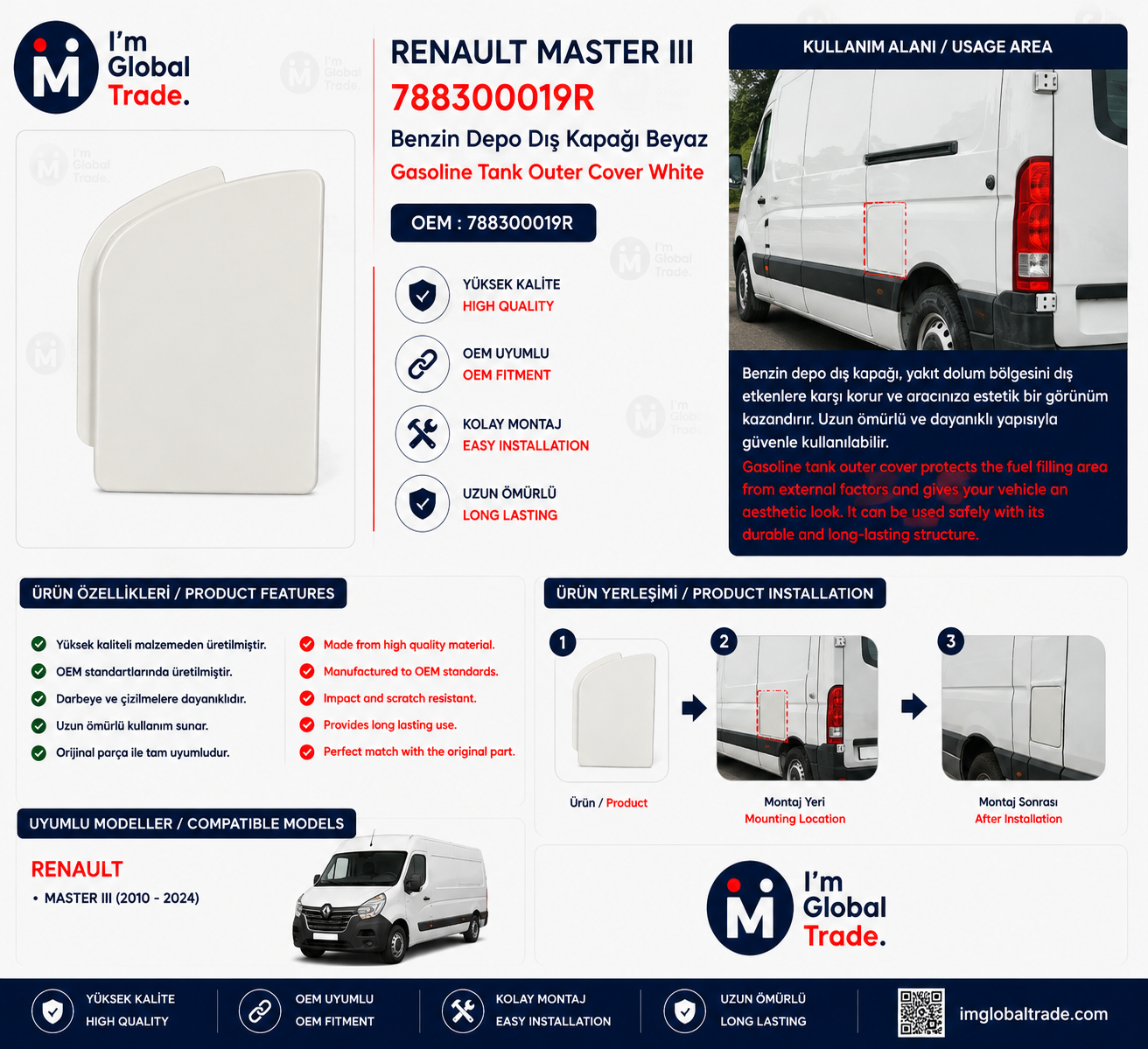 Renault Master III Beyaz Benzin Depo Dış Kapağı 788300019R