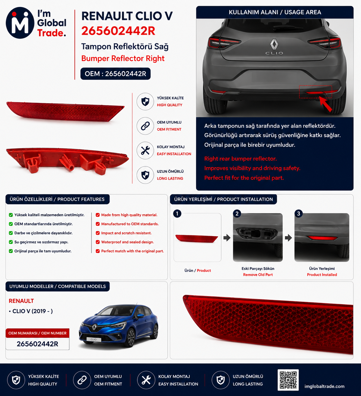 Renault Clio V Sağ Tampon Reflektörü 265602442R