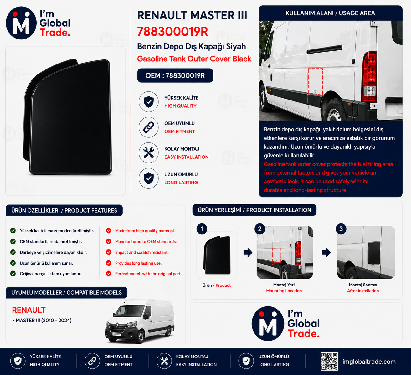 Renault Master III Siyah Benzin Depo Dış Kapağı 788300019R